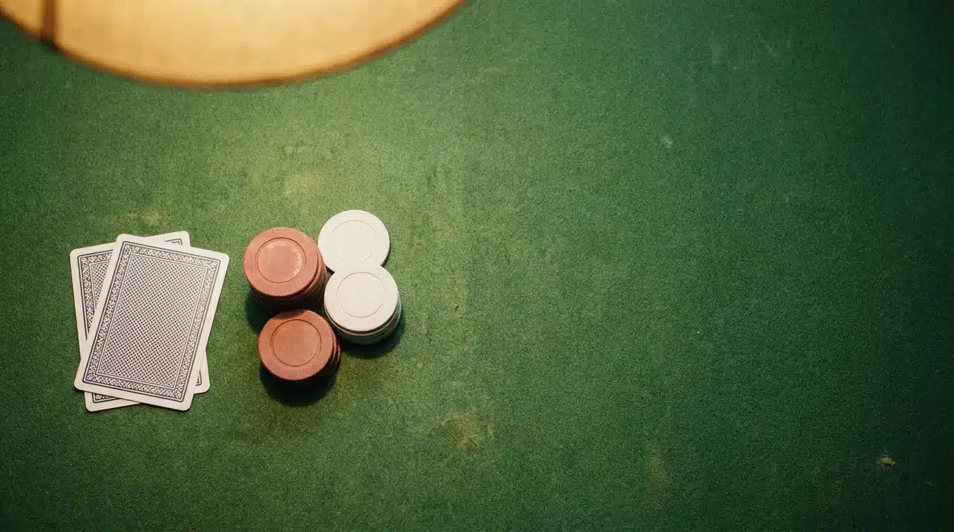 Poker chips and playing cards on green felt under warm lamp light