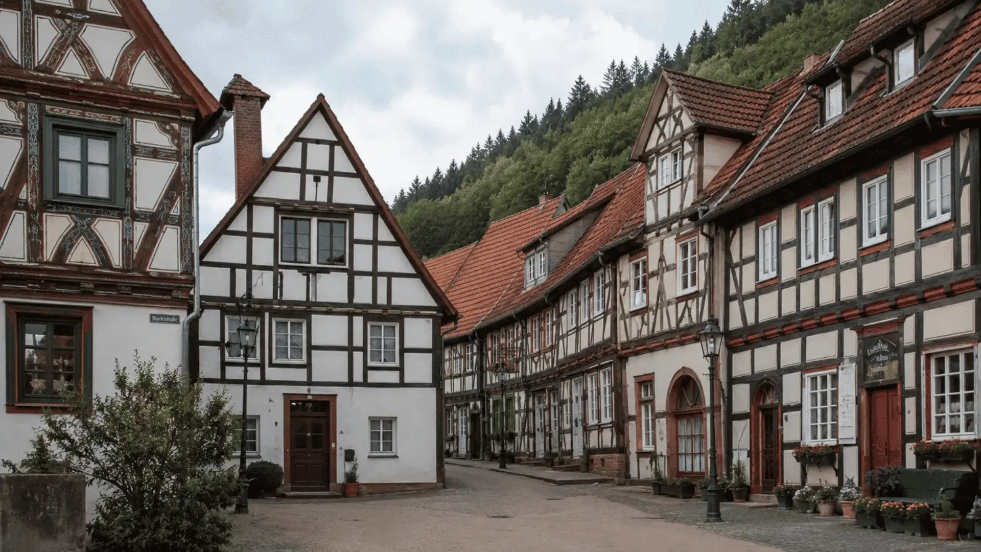 half timbered houses lining a cobblestone street with a forested hillside behind