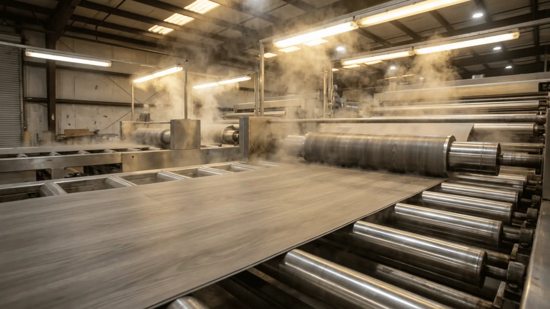 factory production of spc flooring showing extrusion pressing embossing and plank cutting process