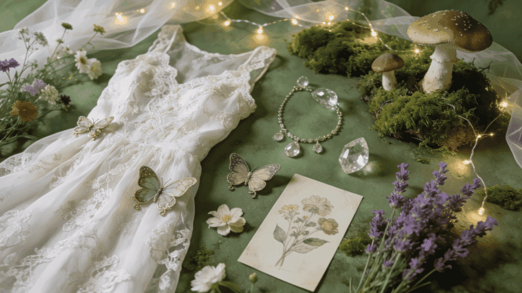 fairycore aesthetic featuring flowing dress butterfly accessories crystals and woodland inspired styling