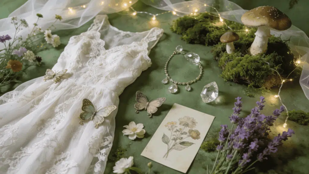 fairycore aesthetic featuring flowing dress butterfly accessories crystals and woodland inspired styling
