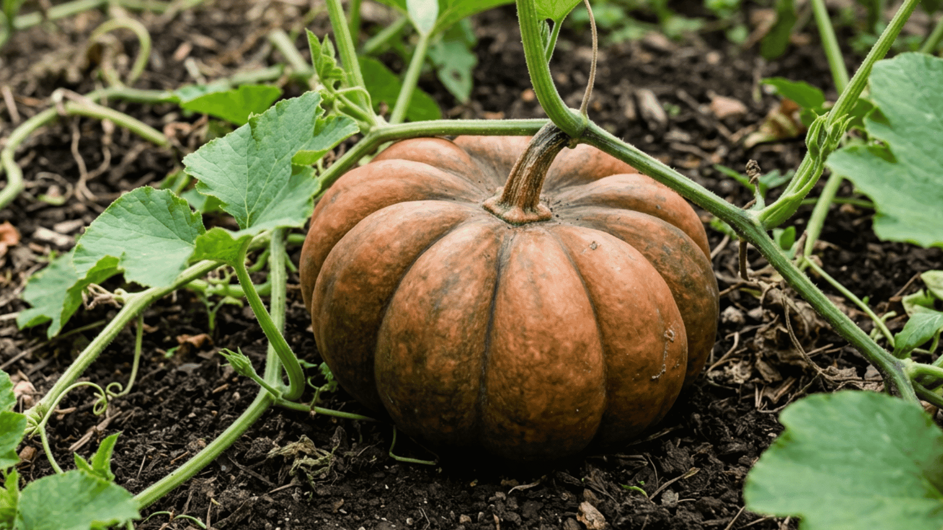 fairytale pumpkin growing on dark garden soil surrounded by green vines curling tendrils and broad leaves