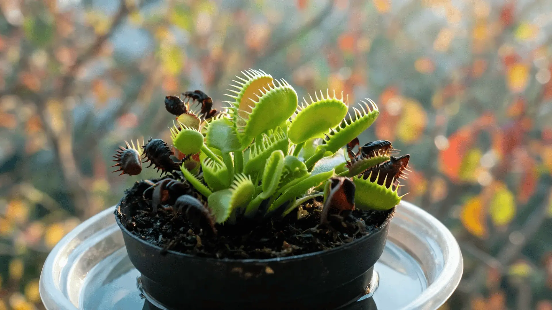 venus flytrap showing slower fall growth with shorter leaves near damp soil