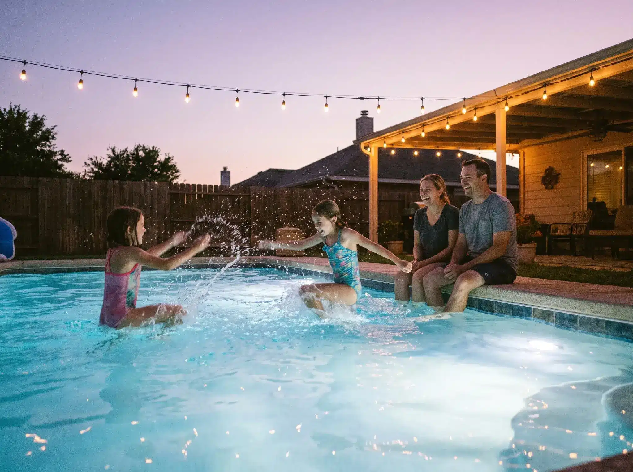 Girls splashing in backyard pool at twilight with string lights overhead