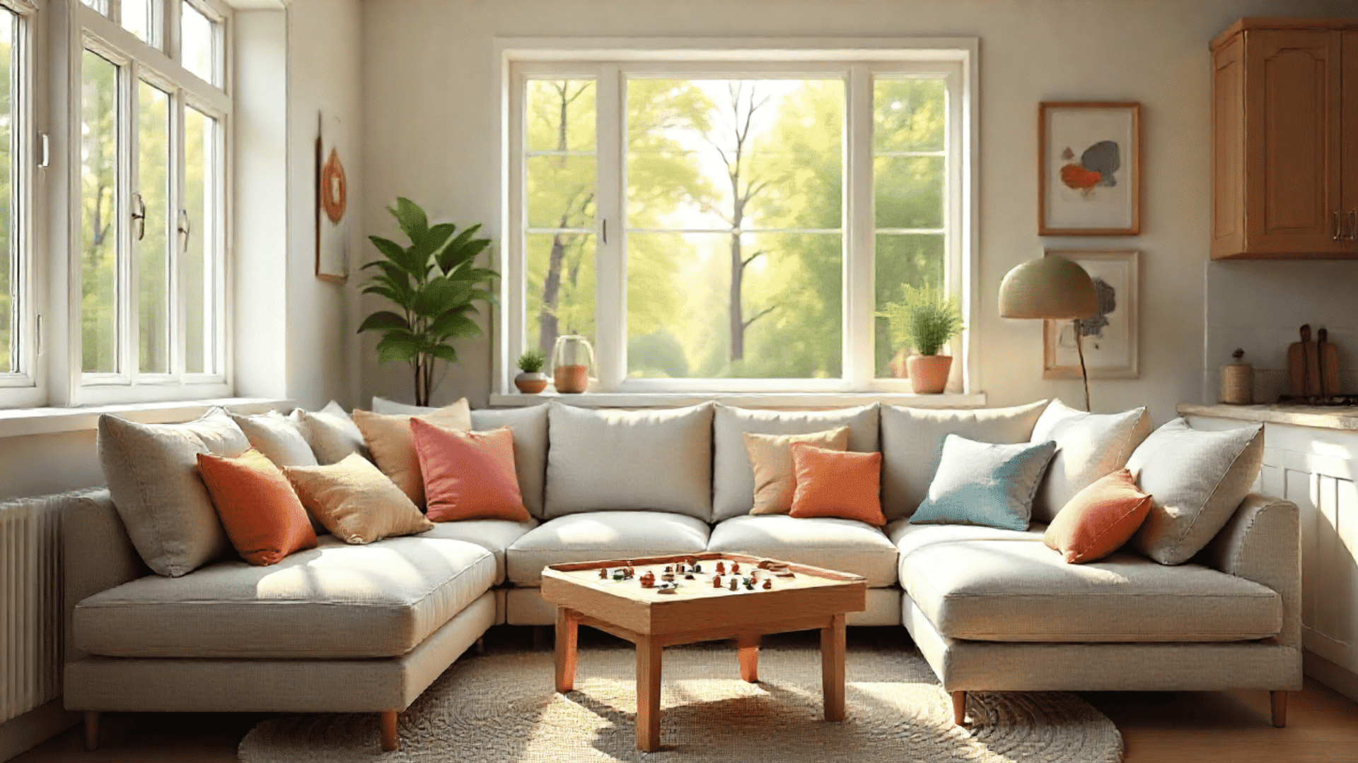 family games room sectional sofa wooden games table board games colorful pillows storage cabinets kids artwork morning sunlight warm family friendly atmosphere