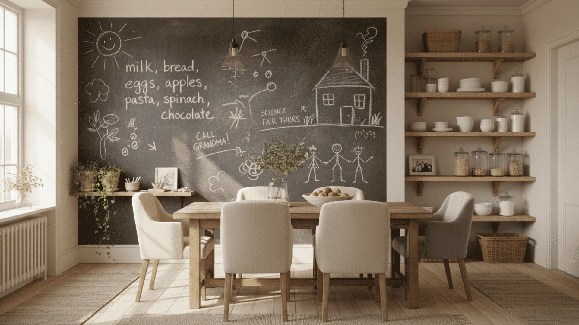 family kitchen with chalkboard wall notes doodles wooden shelves and warm cozy decor