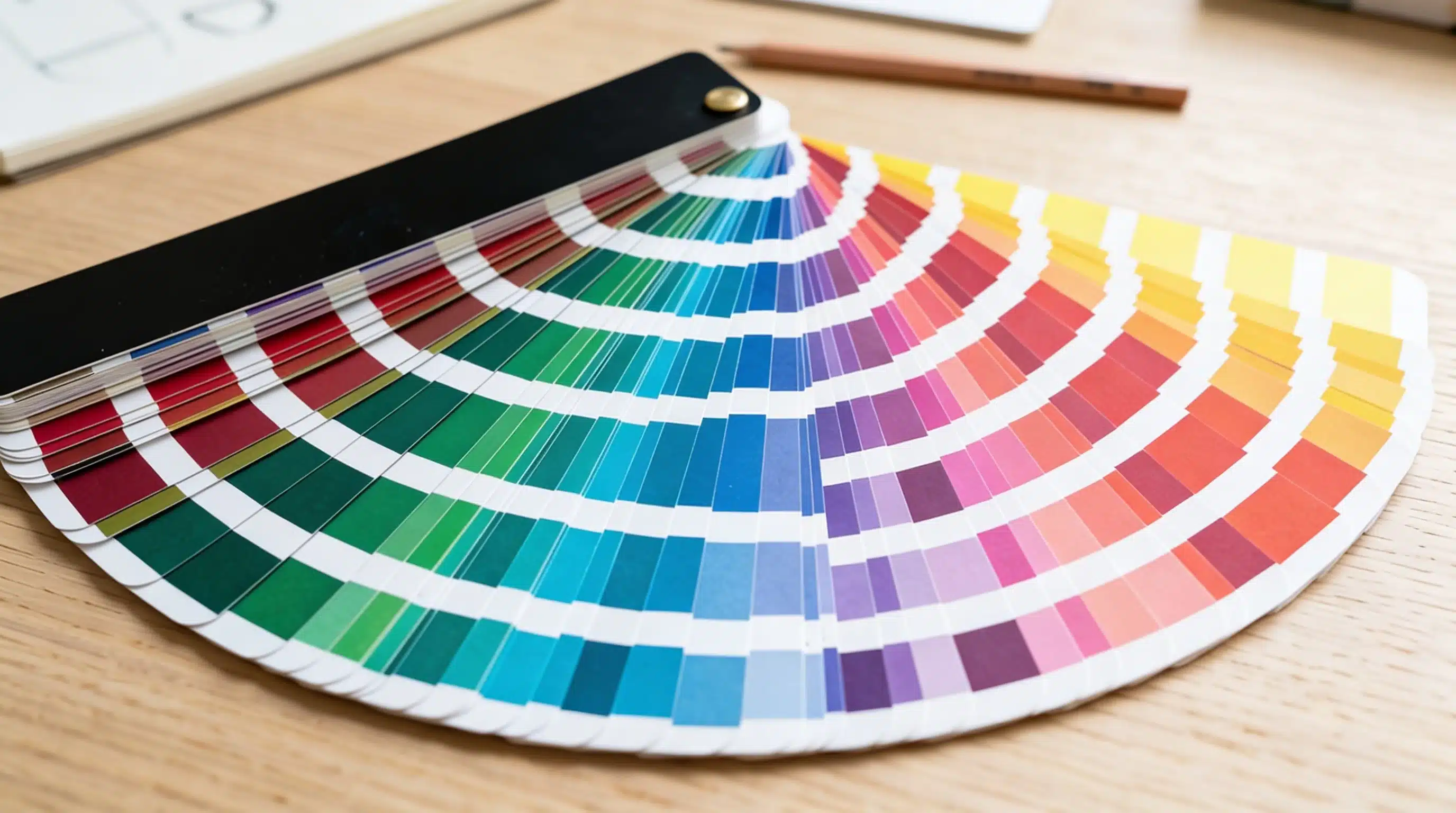 Fanned-out color swatch book displaying a spectrum of colors from red and green to blue and yellow on a wooden desk