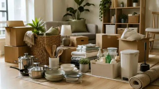 gathering apartment essentials including cookware towels storage boxes and everyday home items