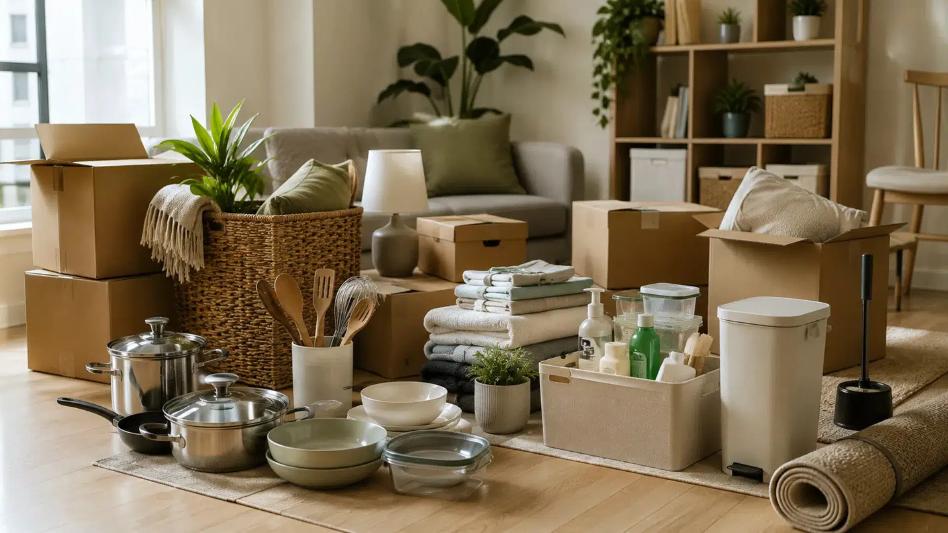 gathering apartment essentials including cookware towels storage boxes and everyday home items
