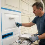 person rolling white paint onto a garage door with tape on the trim and hinges