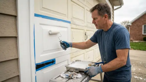 person rolling white paint onto a garage door with tape on the trim and hinges