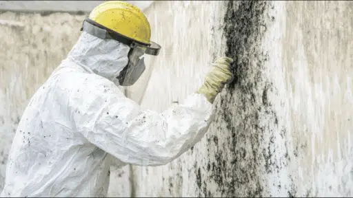 man in safety hazmat suit wearing a yellow helmet and face visor wiping off mold from a wall with a spatula