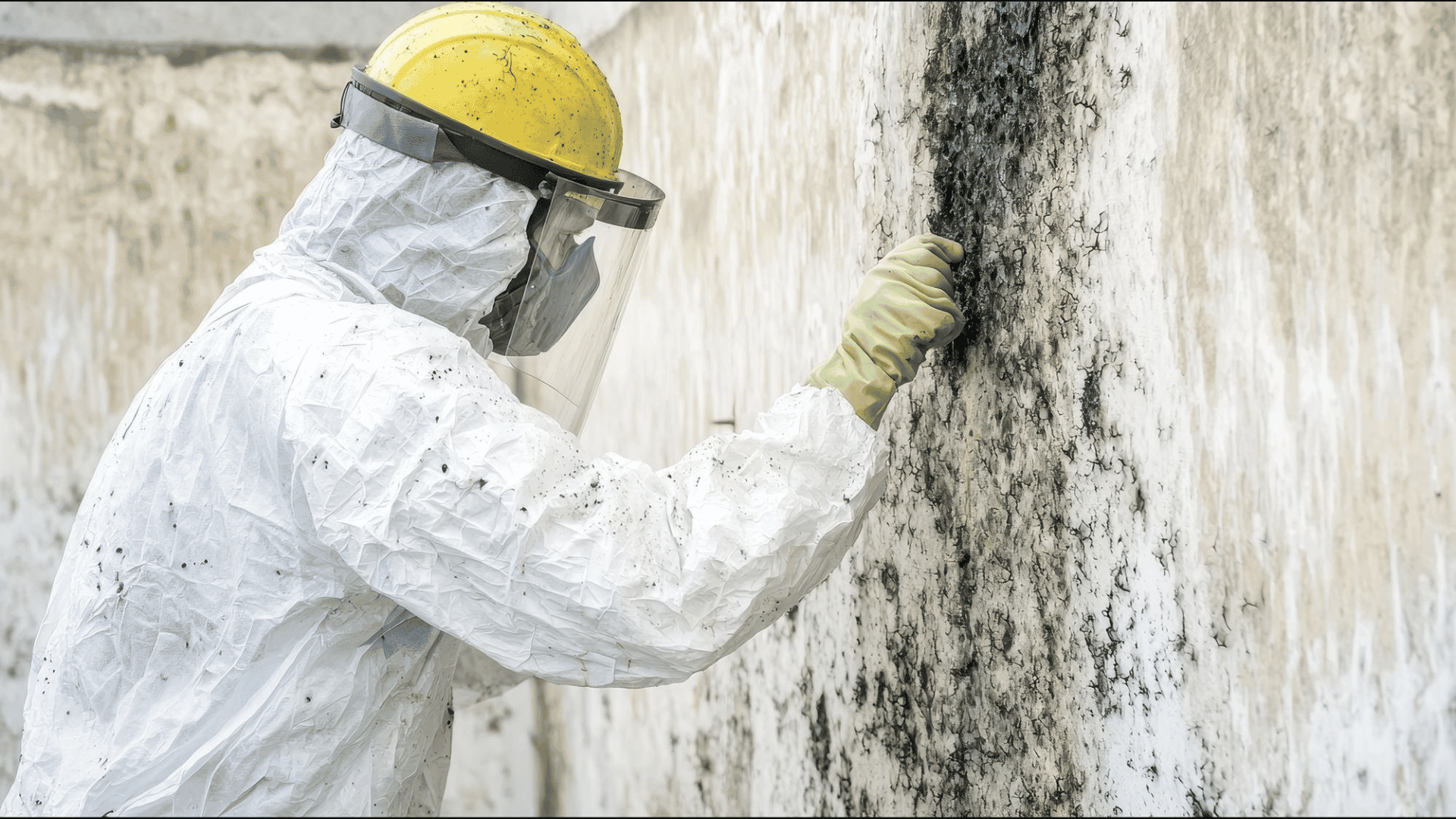 man in safety hazmat suit wearing a yellow helmet and face visor wiping off mold from a wall with a spatula