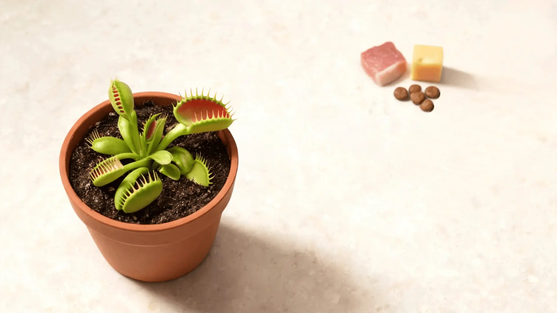 healthy venus flytrap beside small insects and unsuitable foods kept apart