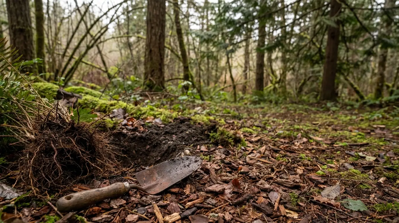 Trowel and uprooted plant on forest floor with moss and trees in background