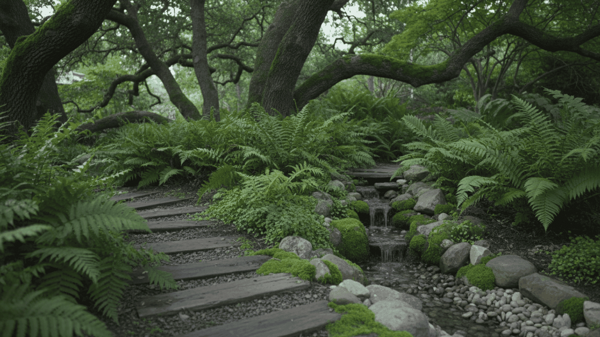 Ferns lush green ferns filling shaded woodland garden beside stones and wooden pathway
