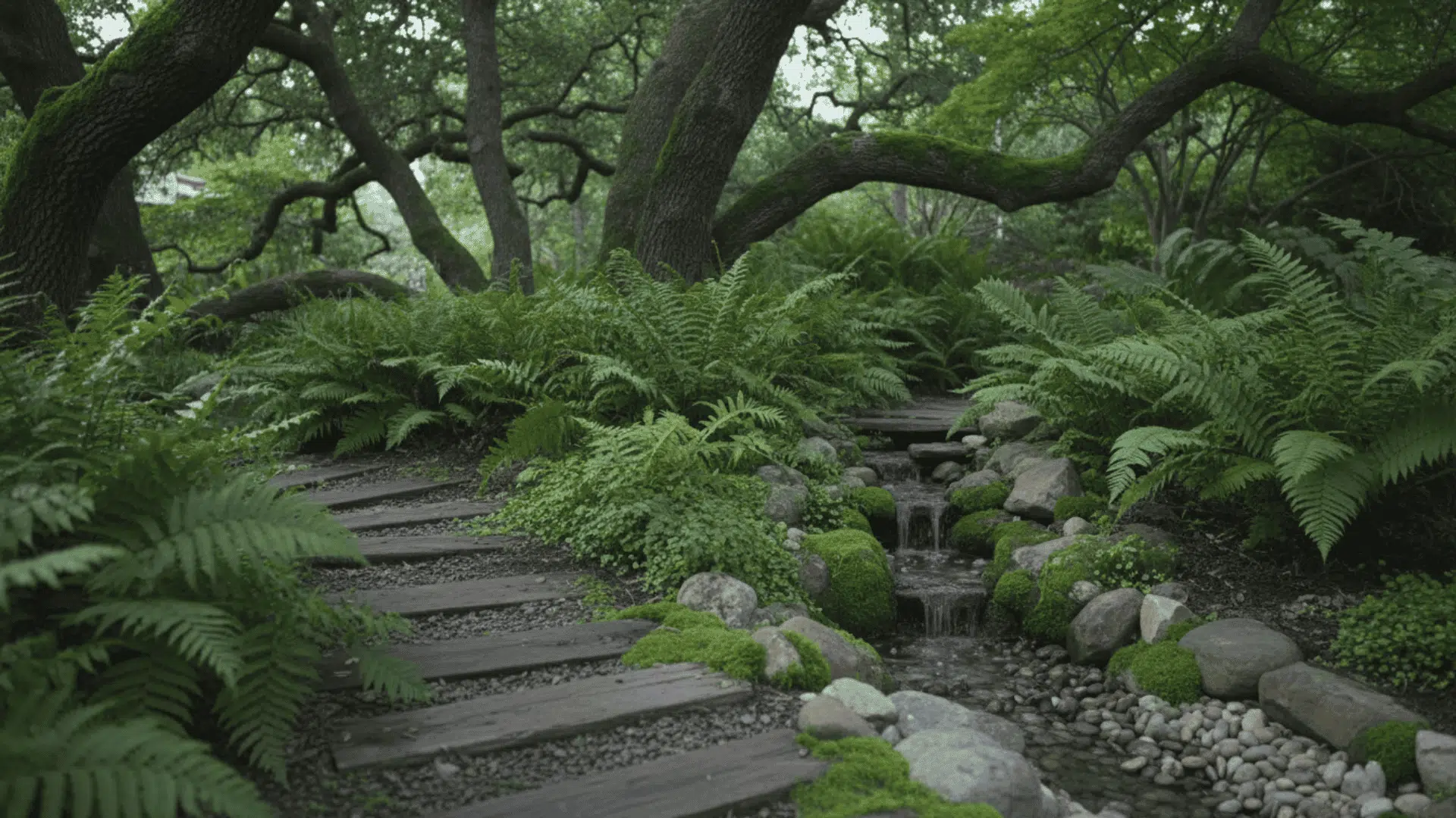 Ferns lush green ferns filling shaded woodland garden beside stones and wooden pathway
