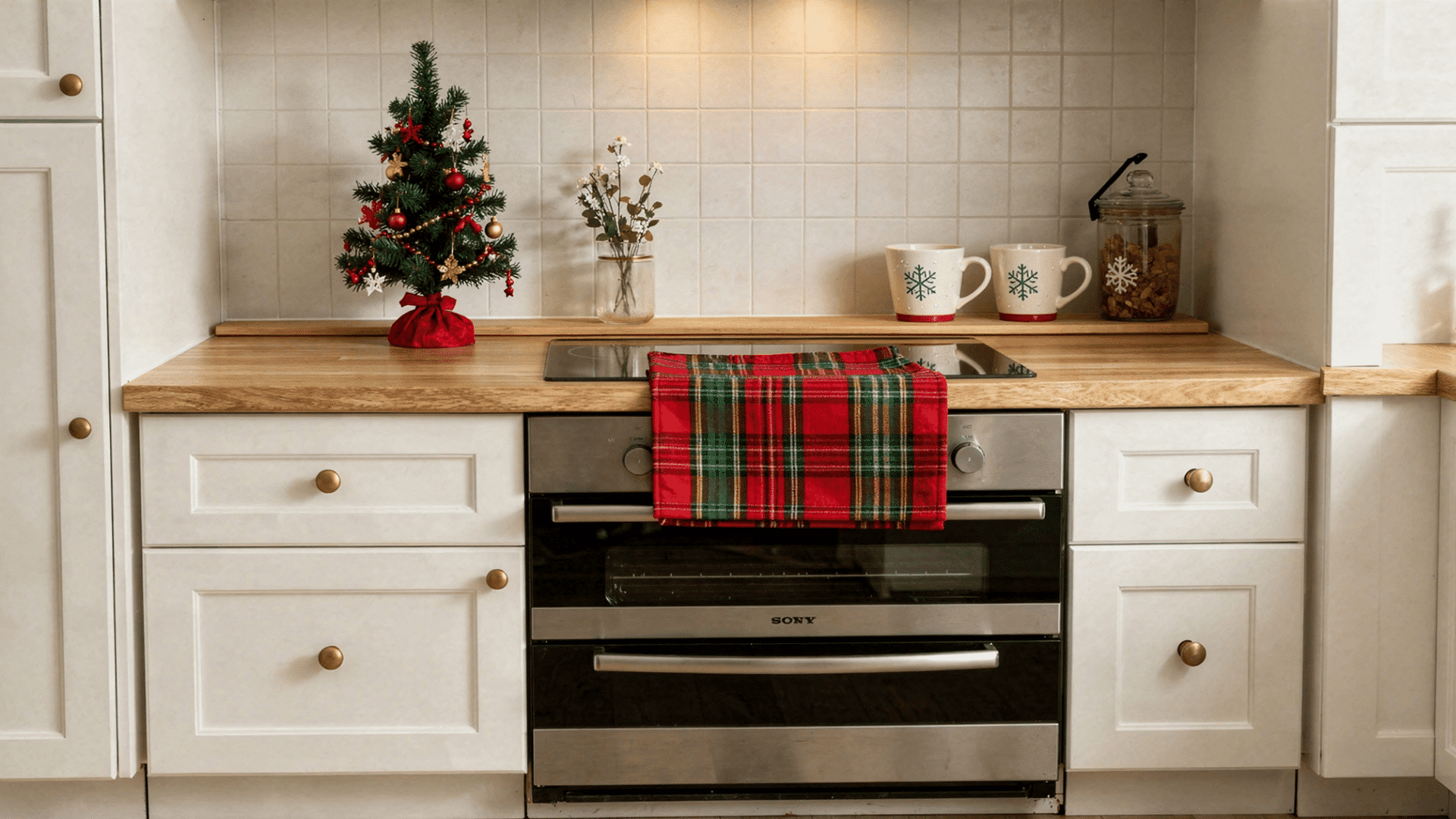 festive kitchen counter with a small decorated Christmas tree two mugs and a jar of cookies next to a plaid towel