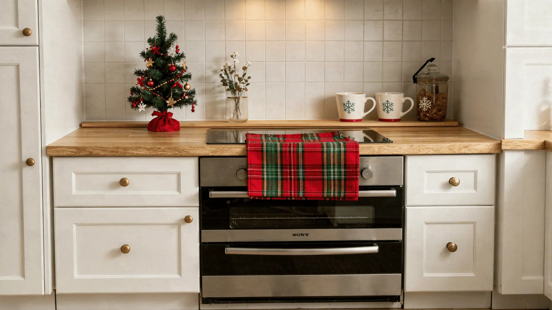 festive kitchen counter with a small decorated Christmas tree two mugs and a jar of cookies next to a plaid towel