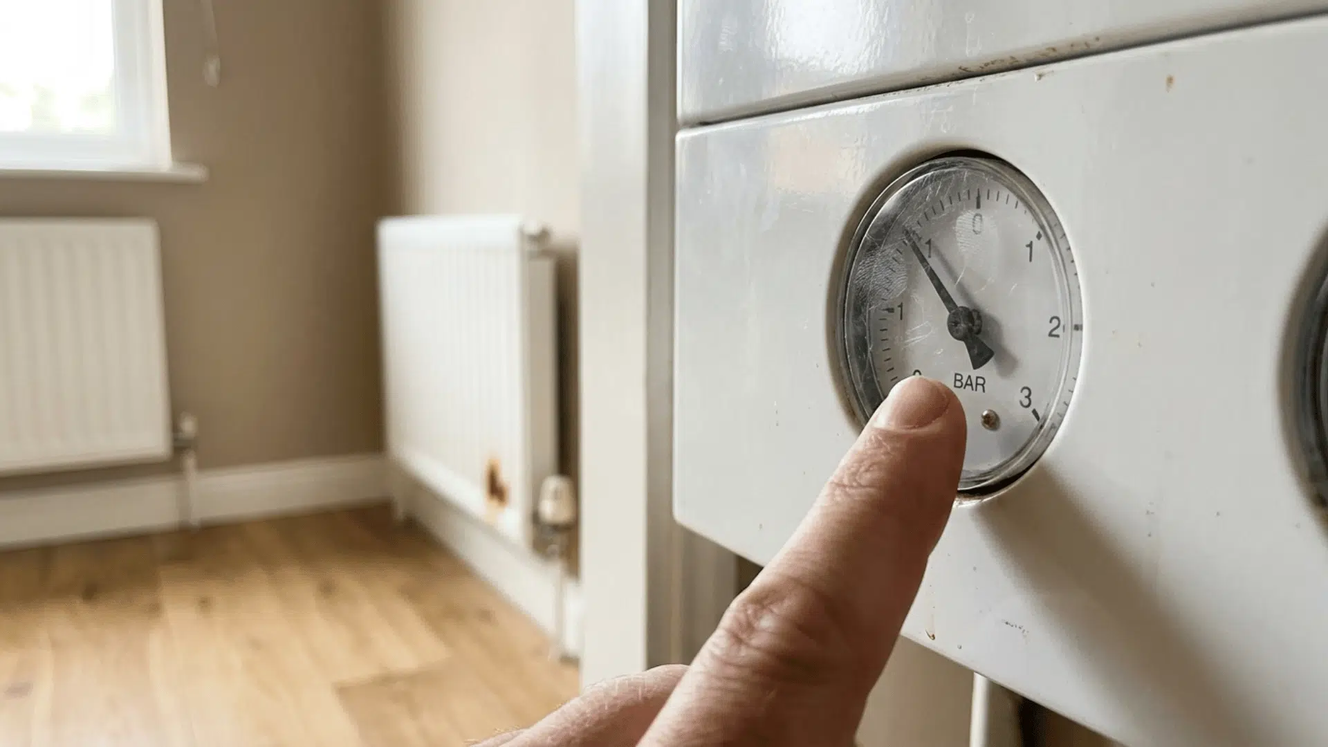 finger pointing at a home boiler pressure gauge reading just above one bar after bleeding radiators