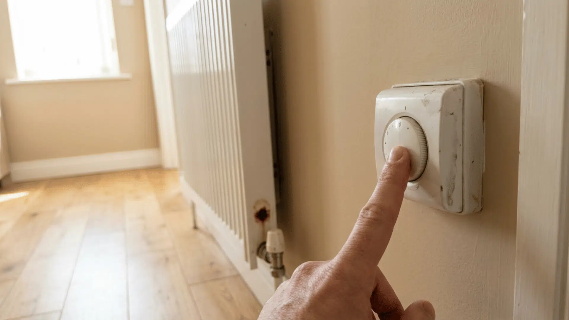 finger turning on a home heating thermostat dial on the wall to warm up the radiators