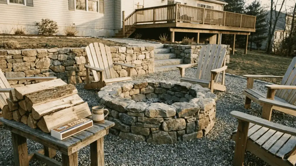 stone fire pit with seating on a flat terraced section of a sloped backyard