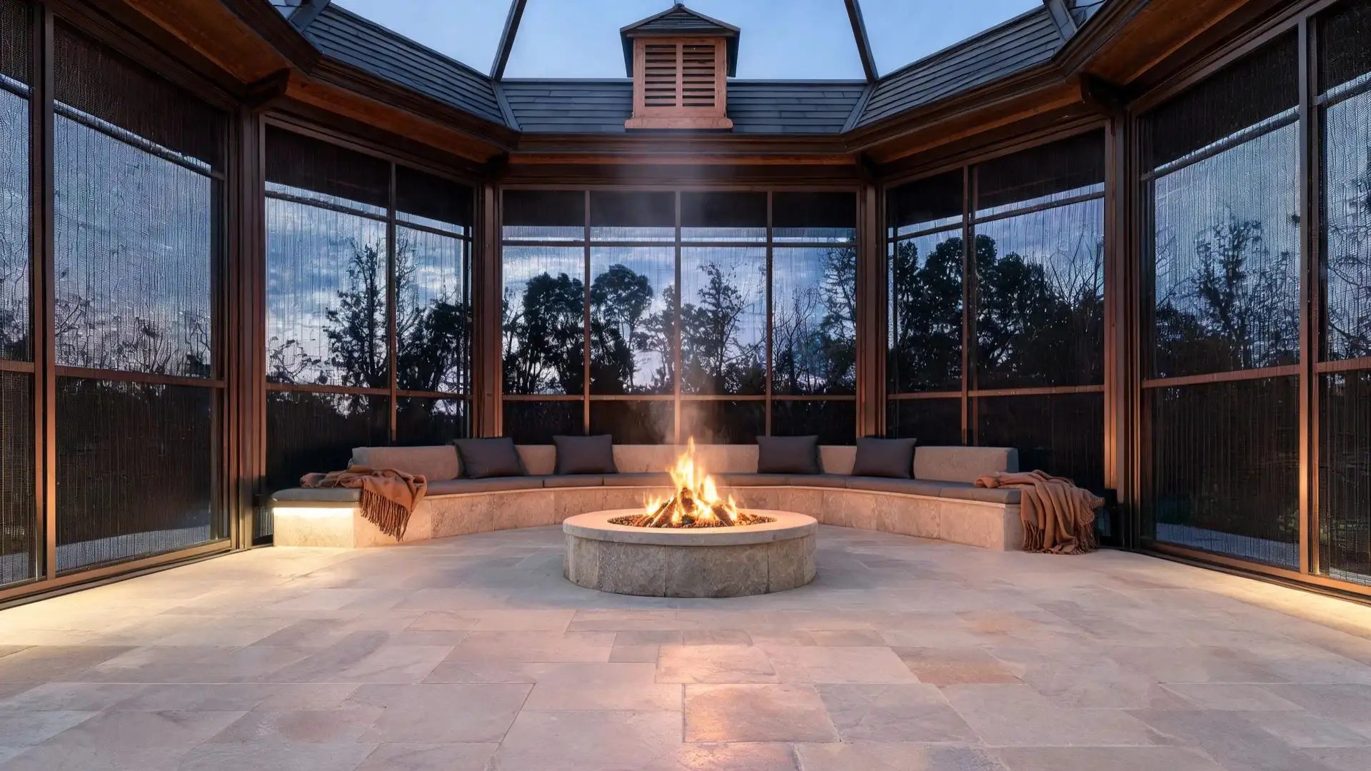 circular stone fire pit at center with a curved built-in bench and wool throws under a vented cupola