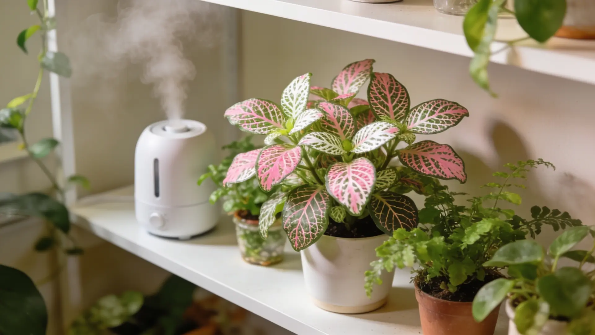 nerve plant in a draining pot with loose soil beside a humidifier and grouped indoor plants