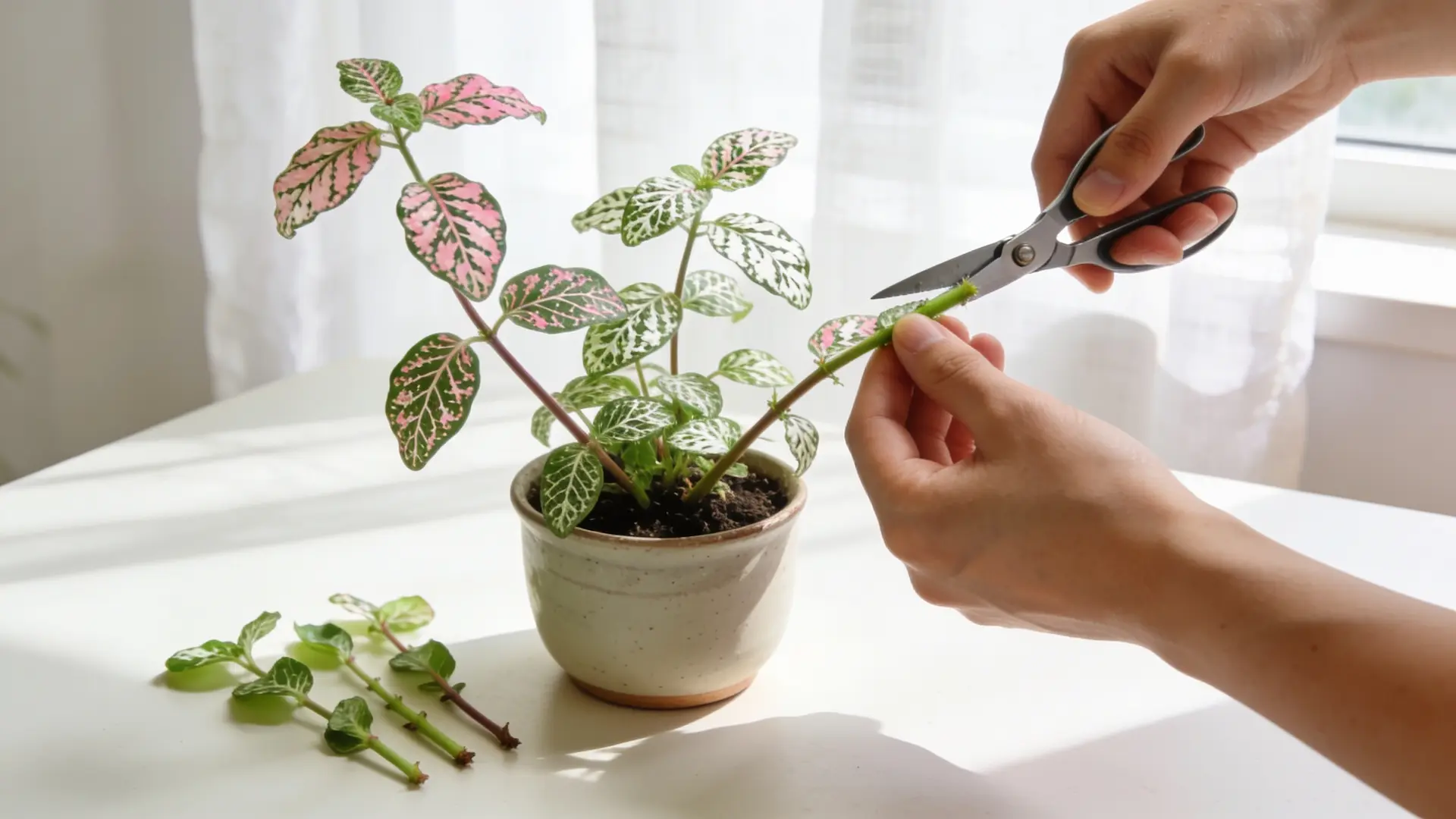 person pinching long fittonia stems above leaf nodes to encourage fuller compact indoor growth