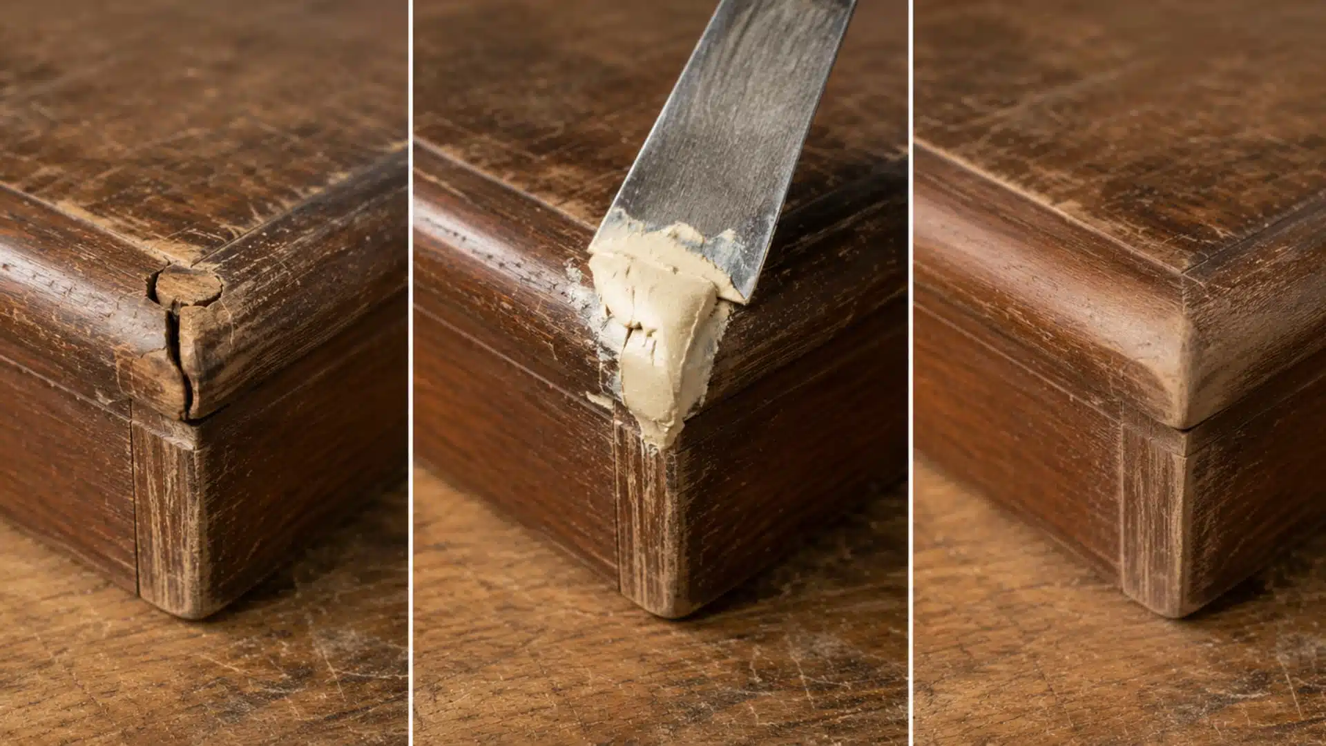 a realistic close-up triptych photograph on a wooden workbench showing three stages of wood filler repair for furniture flipping, with the left panel showing a wooden dresser corner with a visible crack and chip, the center panel showing a putty knife pressing off-white wood filler into the crack slightly overfilled, and the right panel showing the same corner after drying and sanding smooth and flush with the surrounding wood surface and ready for paint, all under consistent warm natural workshop lighting