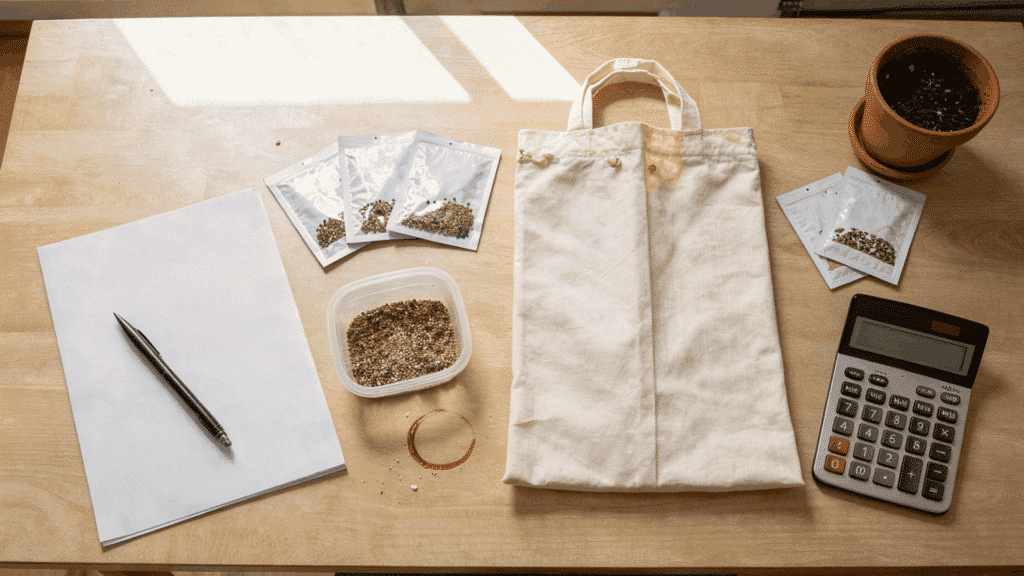 flat lay of gardening supplies including seed packets a notebook pen calculator tote bag and a potted plant