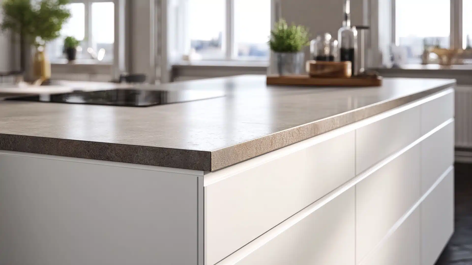 flat slab handleless cabinet doors on white kitchen island with stone-effect countertop and clean lines