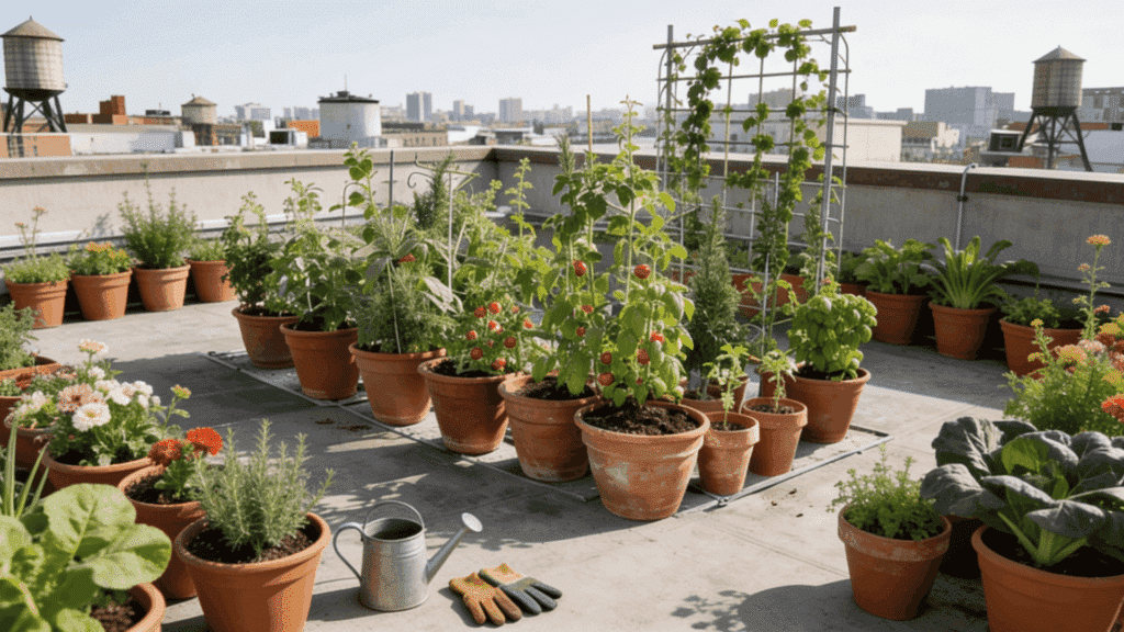 flat urban rooftop with fabric grow bags and terracotta containers holding tomatoes peppers rosemary and basil against a city skyline
