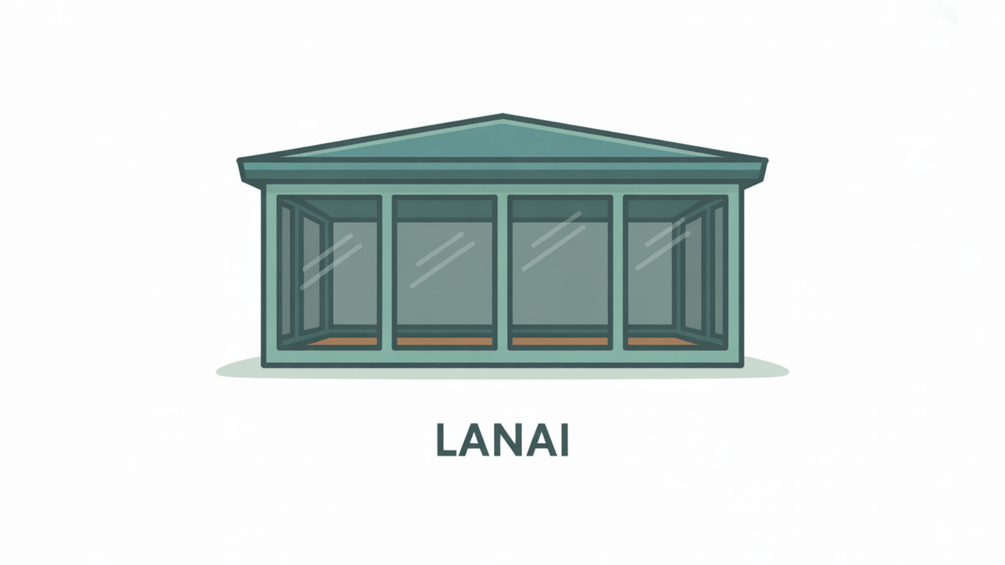 flat vector illustration of a teal roofed ground level lanai with screened sides shown as faint dashed panels