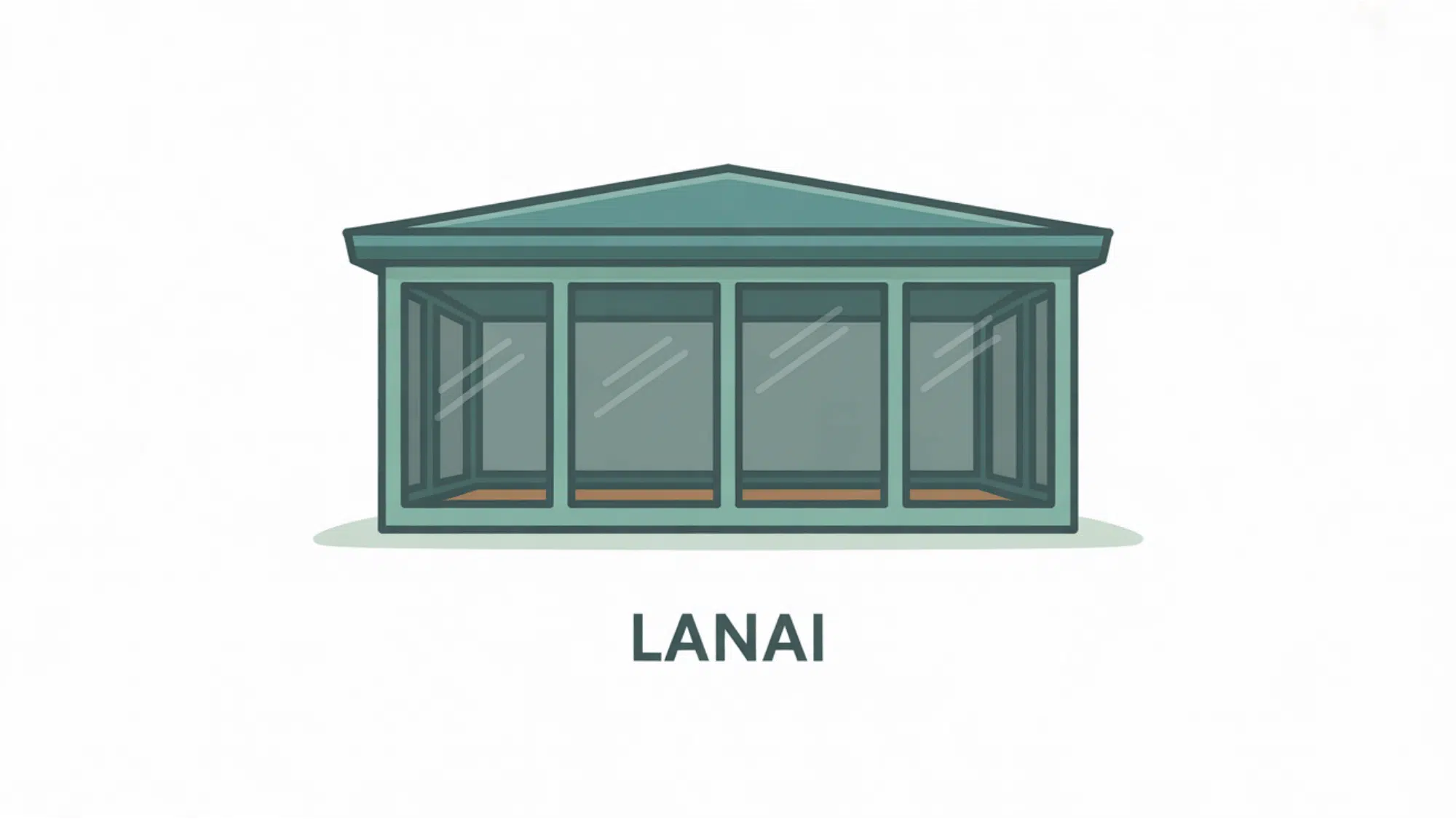 flat vector illustration of a teal roofed ground level lanai with screened sides shown as faint dashed panels