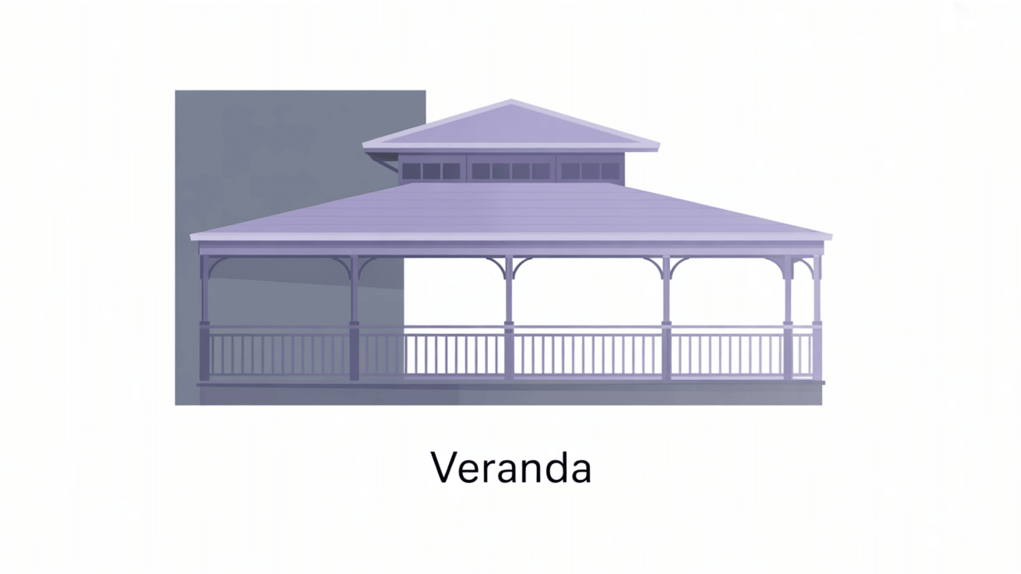 _flat vector illustration of a wide purple roofed veranda wrapping a corner of a gray house wall with railing
