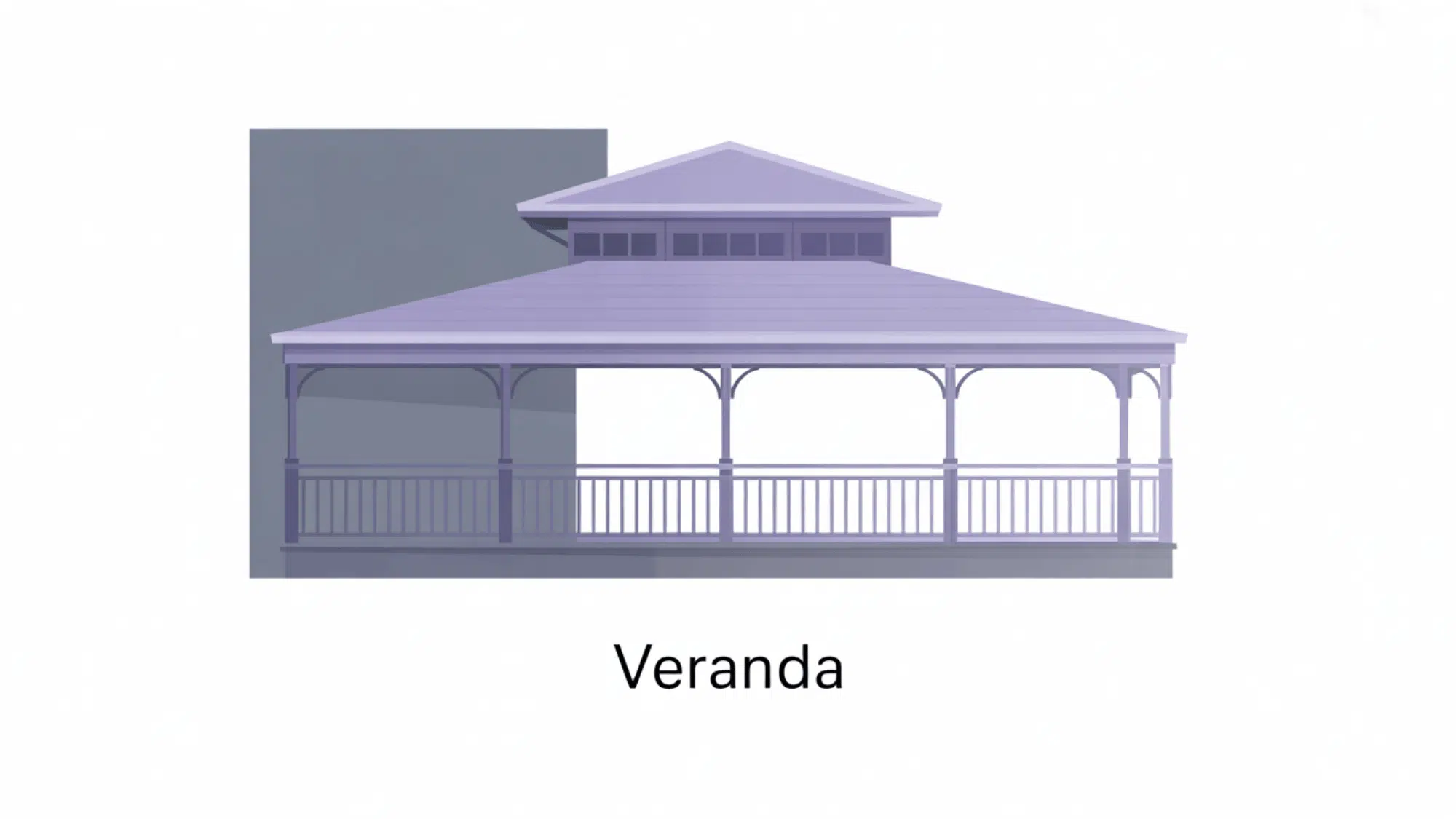 _flat vector illustration of a wide purple roofed veranda wrapping a corner of a gray house wall with railing