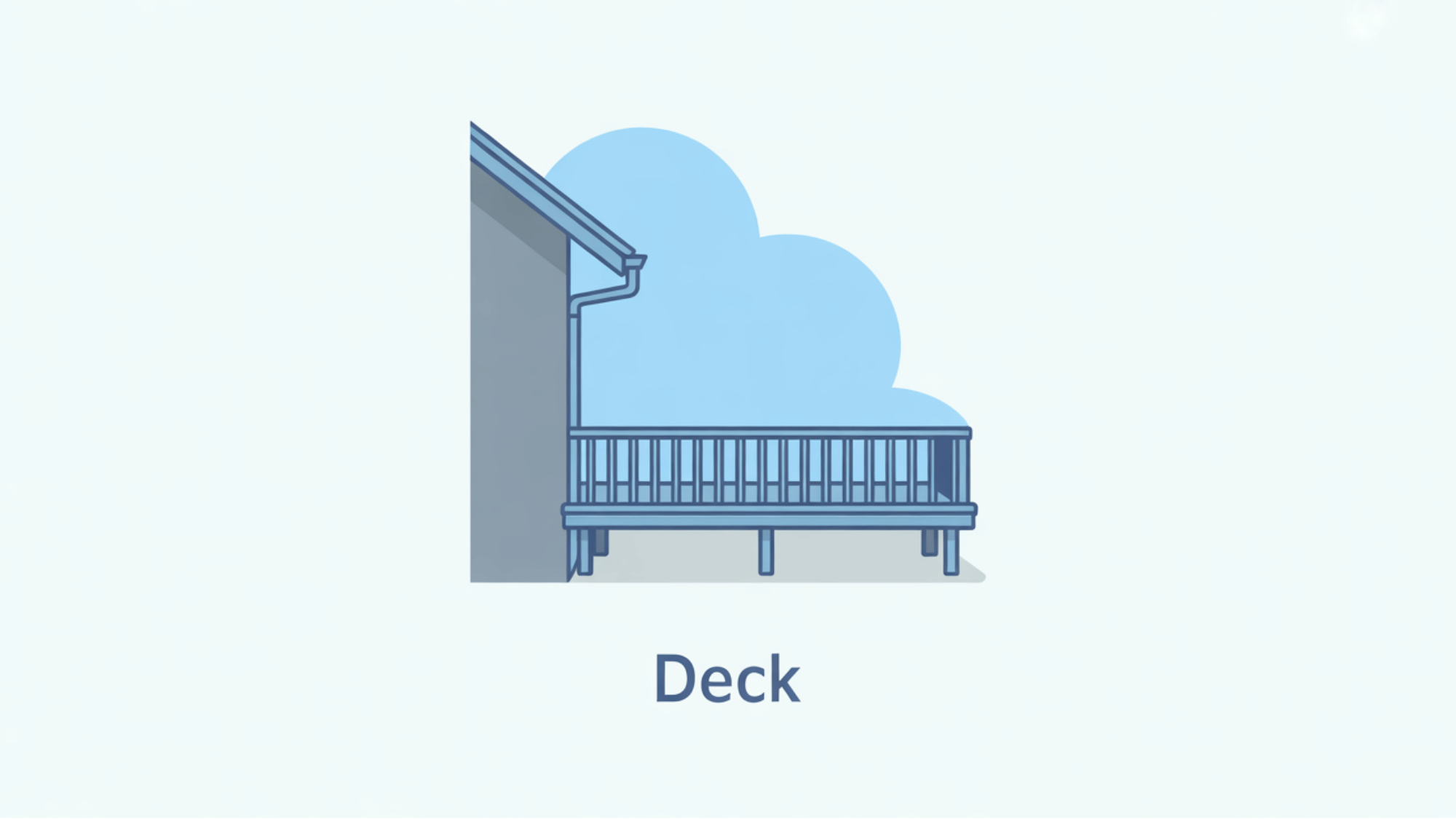flat vector illustration of an elevated blue deck attached to a gray house wall with railing and open sky
