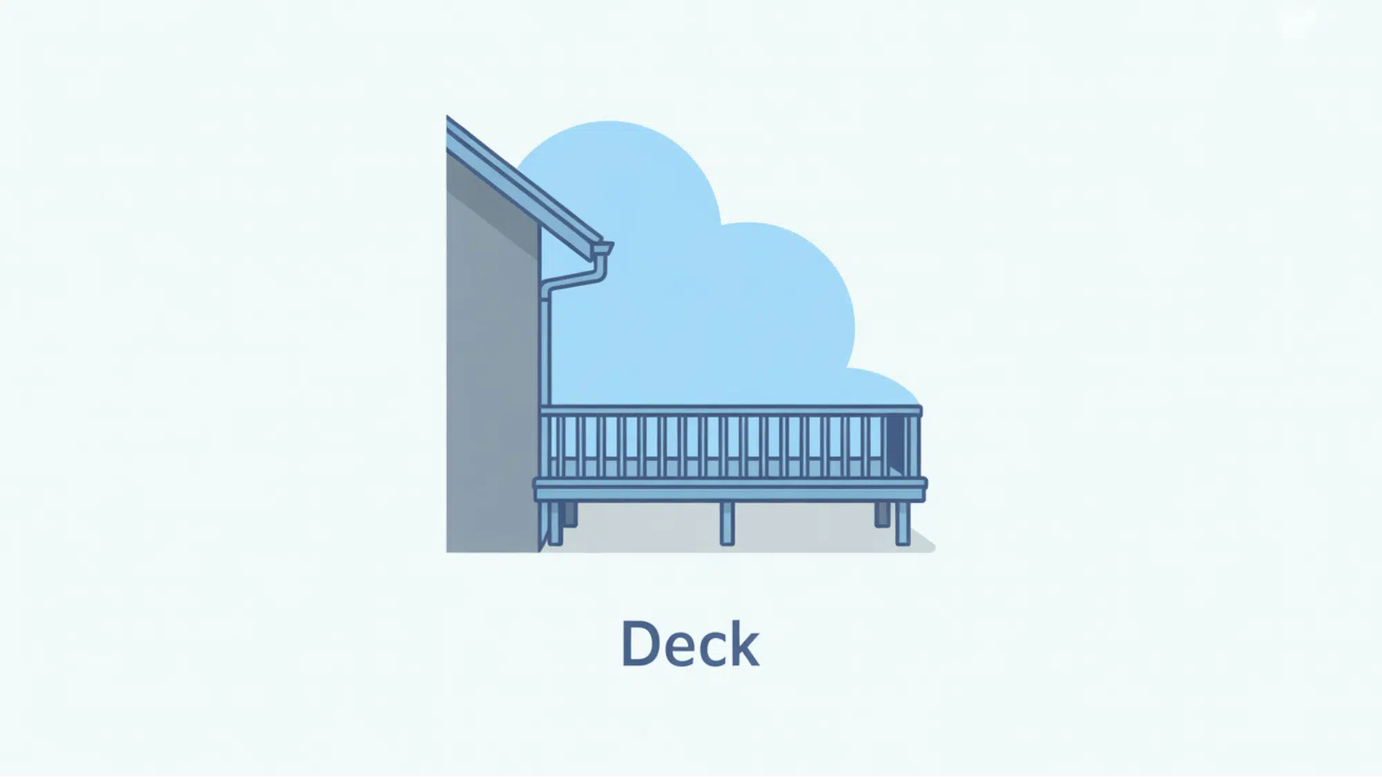 flat vector illustration of an elevated blue deck attached to a gray house wall with railing and open sky