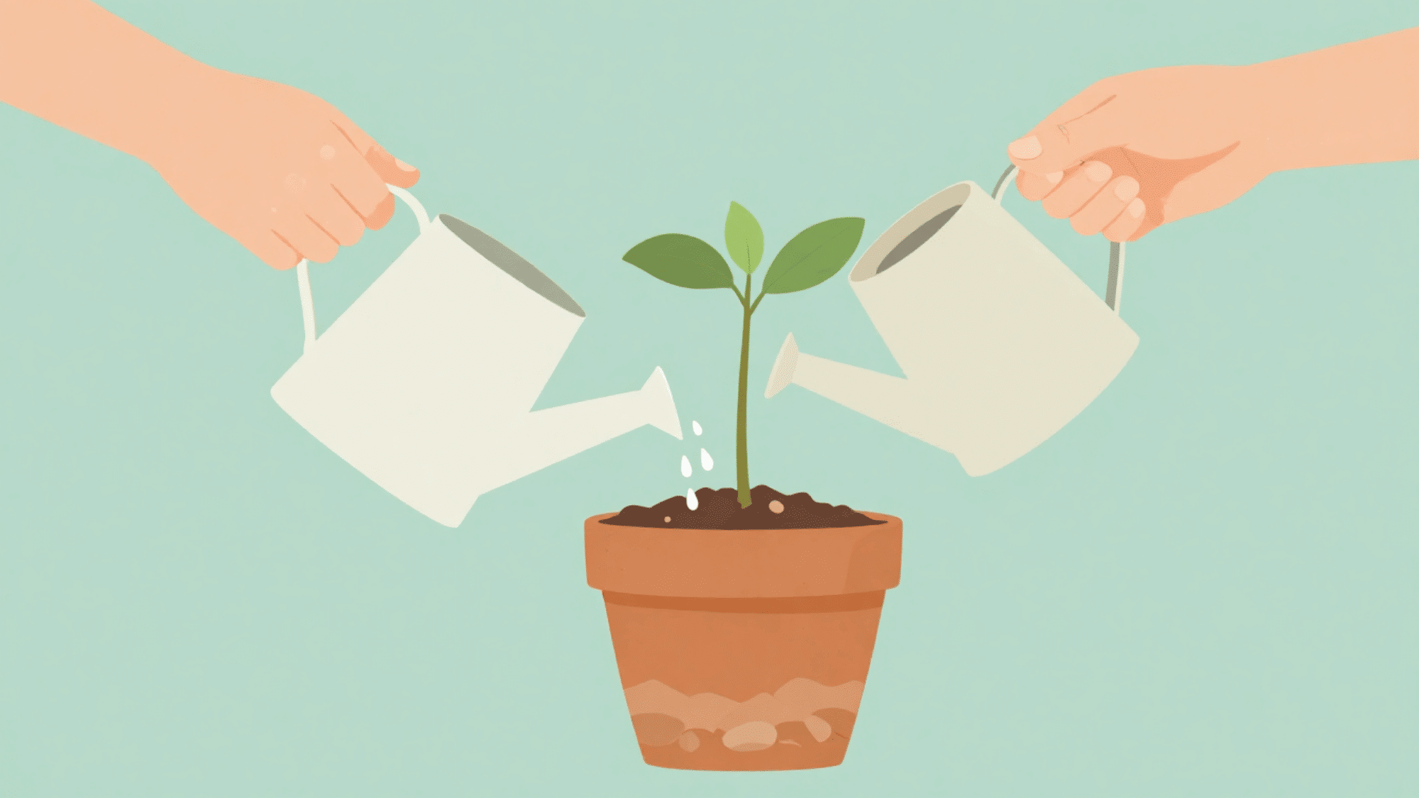 Flat vector illustration of hands watering a potted mandevilla with a watering can, showing well-draining soil layers and pebbles at the pot base, pastel muted palette