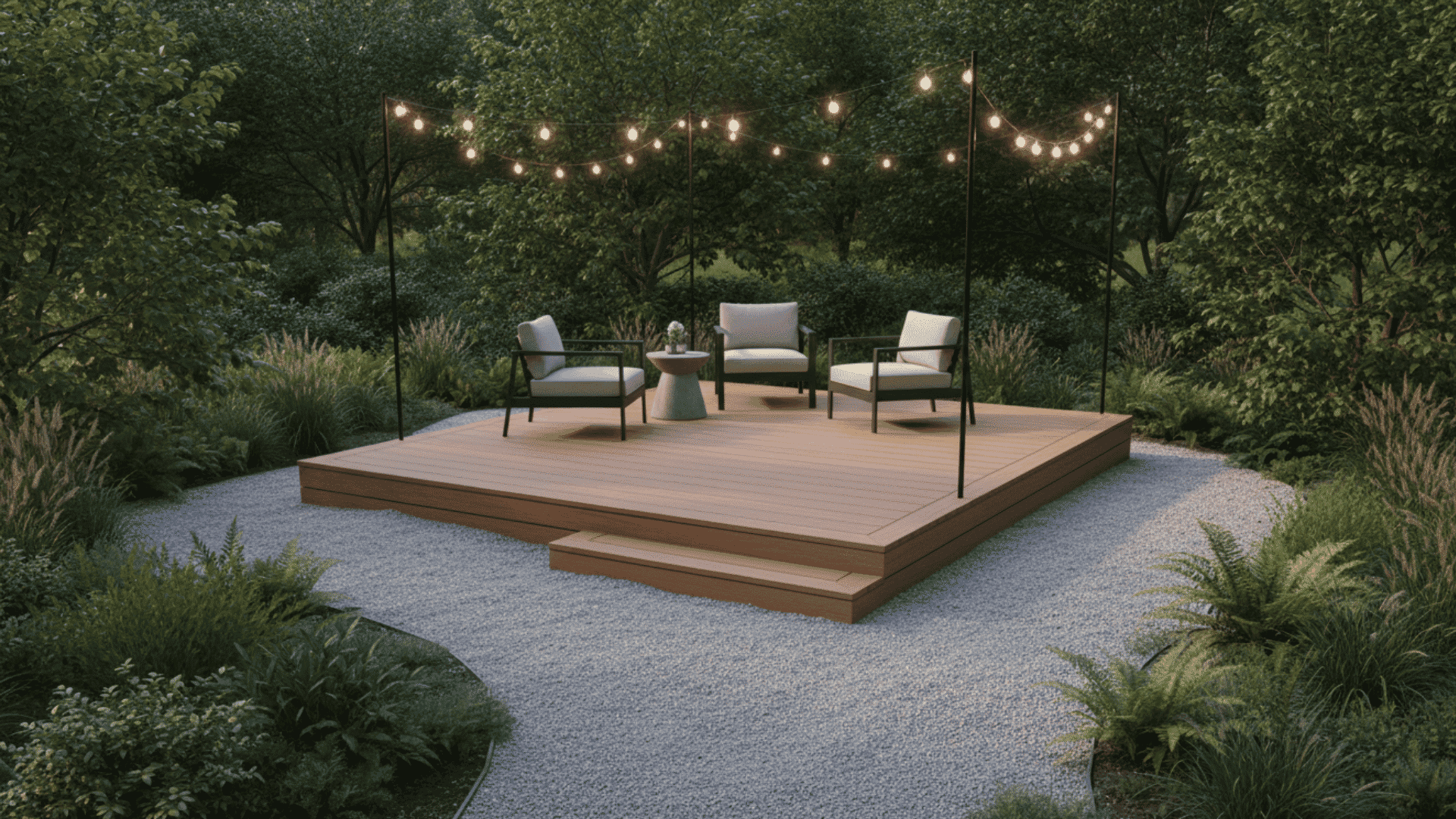 floating island composite deck with warm lighting and compact outdoor seating