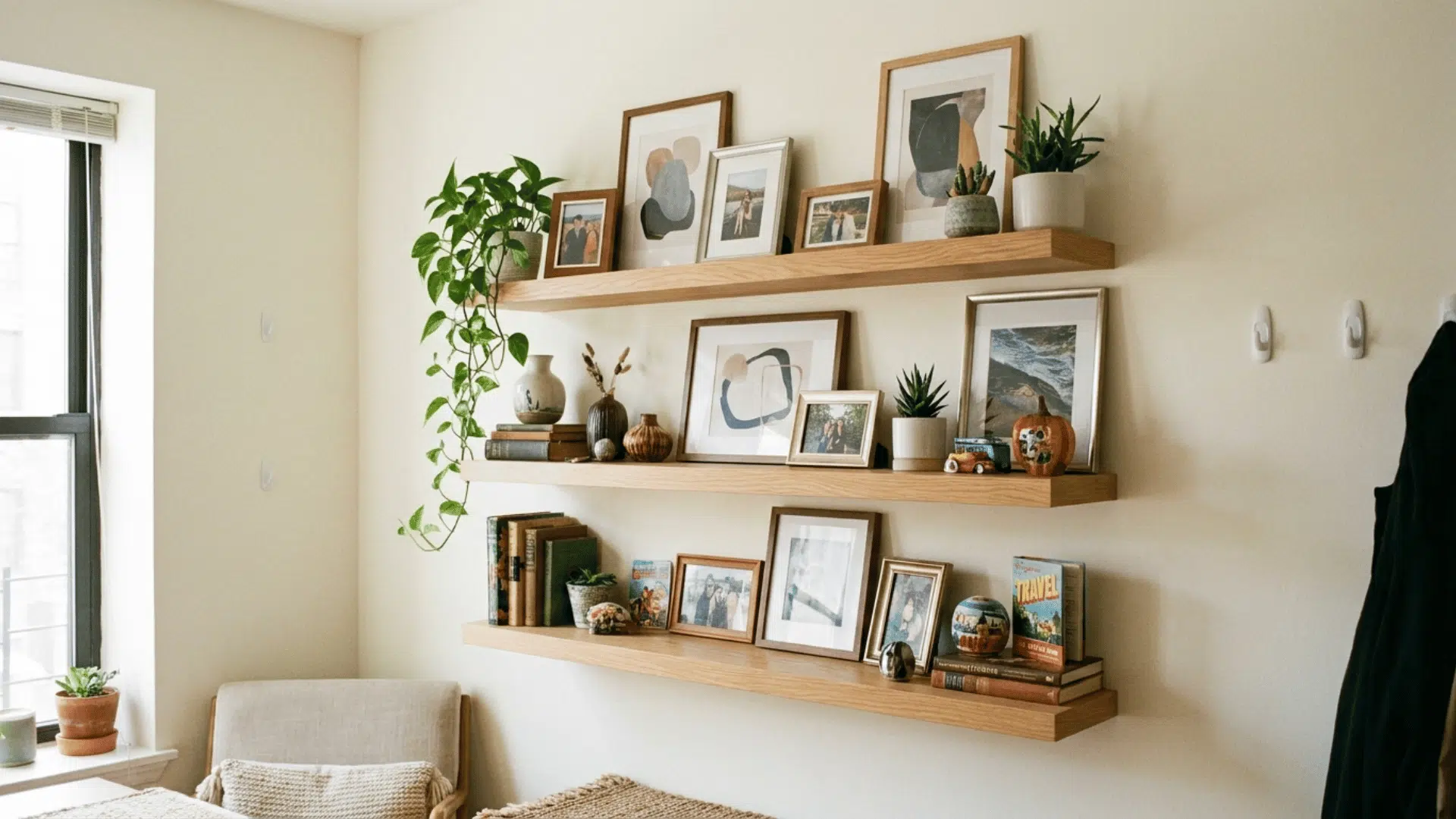floating shelves displaying artwork and decorative objects in apartment