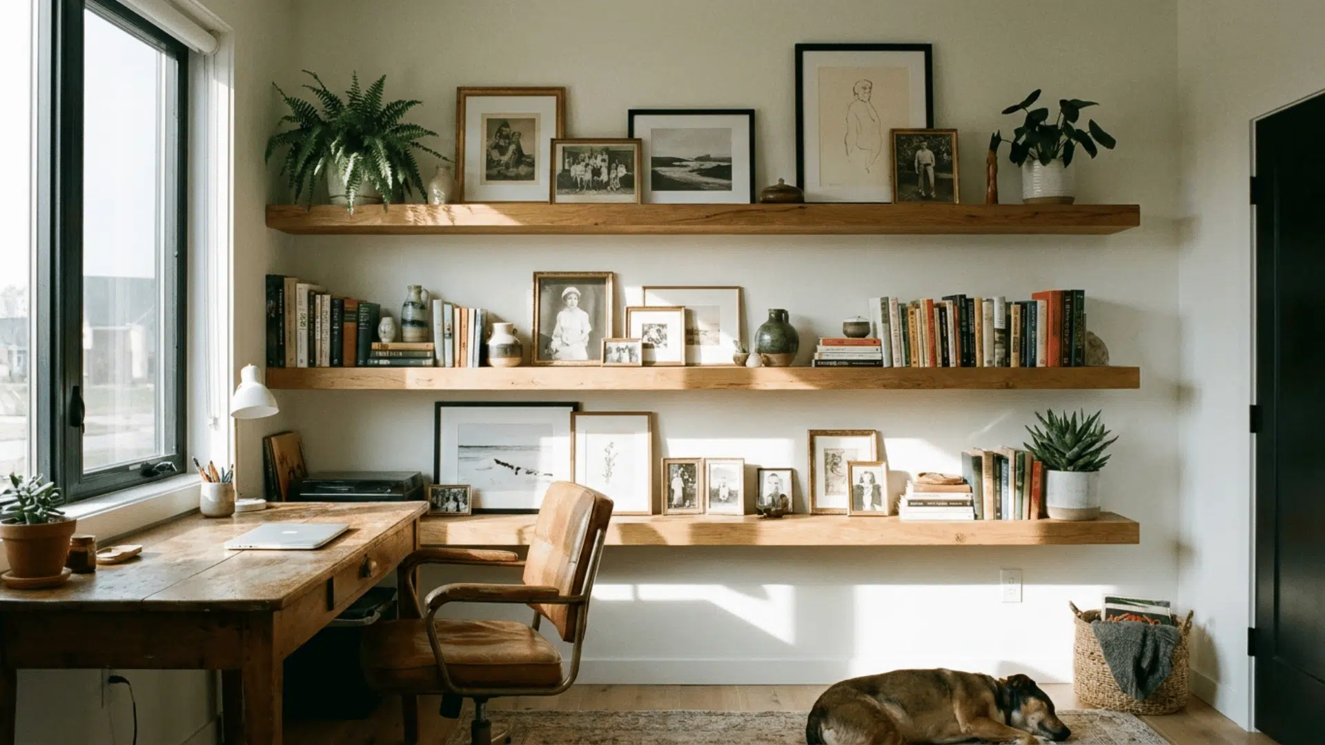floating shelves displaying framed artwork books and plants in home office