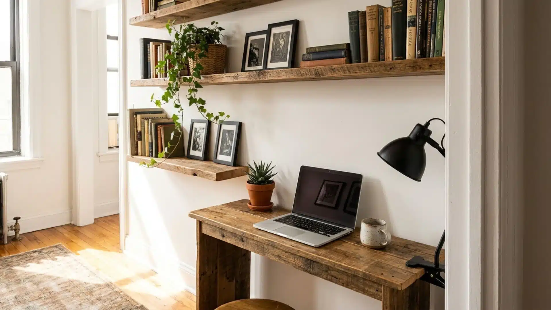 floating wooden shelves above a compact work desk display books, framed photos, plants, and office essentials