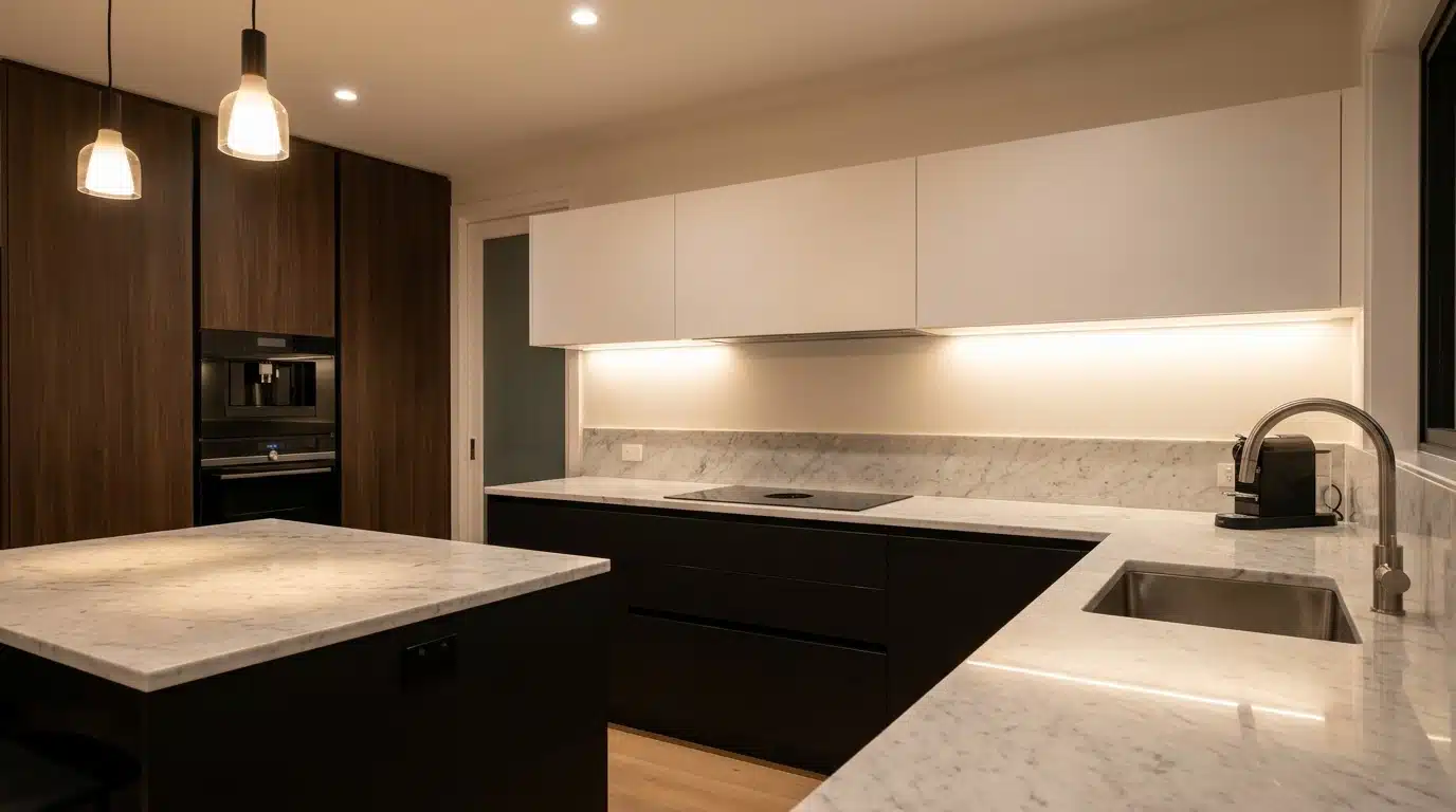 Floating black and white kitchen with sleek cabinets, island sink, modern stove, soft natural light interior