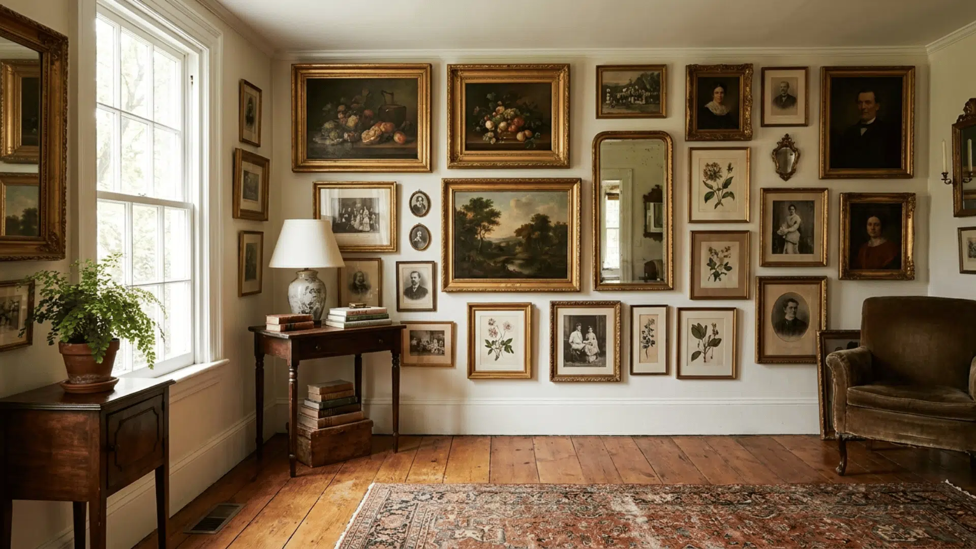 floor to ceiling salon style gallery wall filled with vintage art and photographs