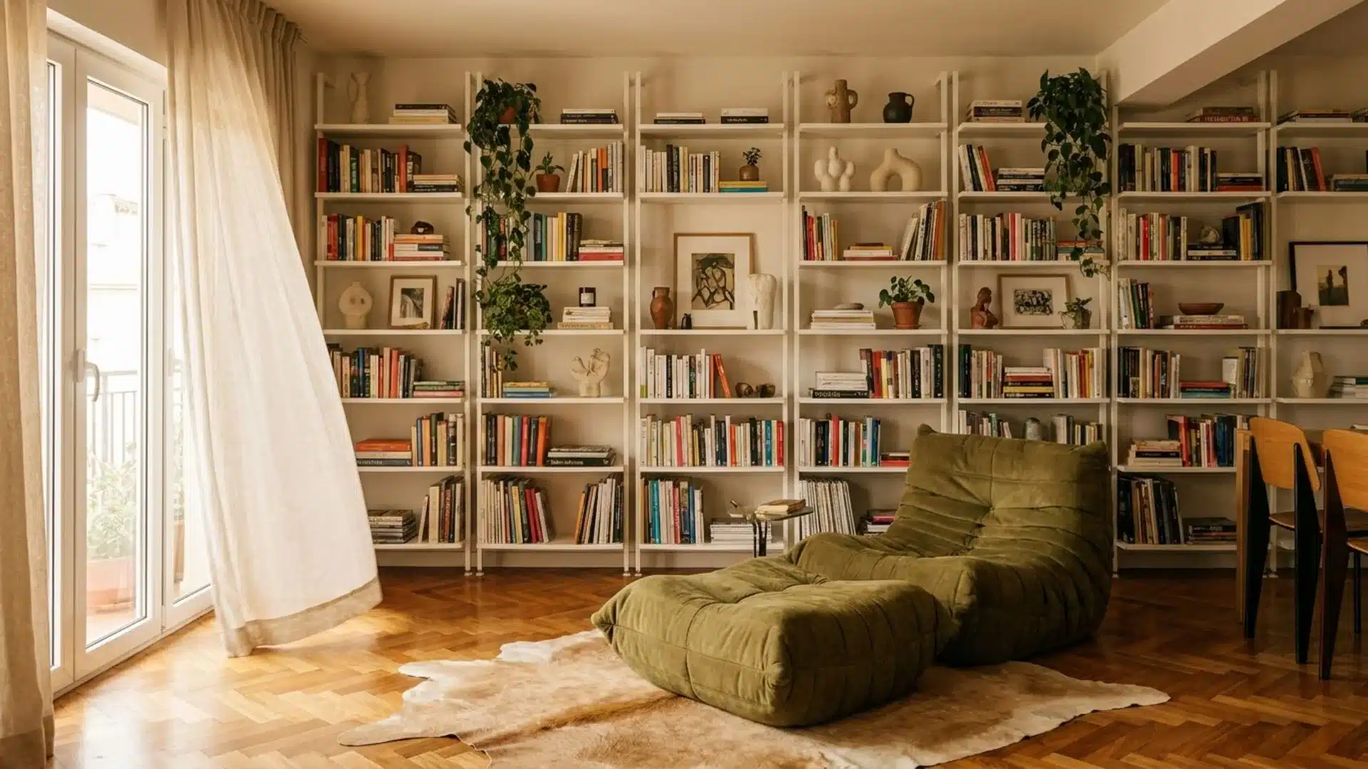 floor to ceiling bookshelves filled with books, decor, plants, and a cozy lounge chair beside large windows