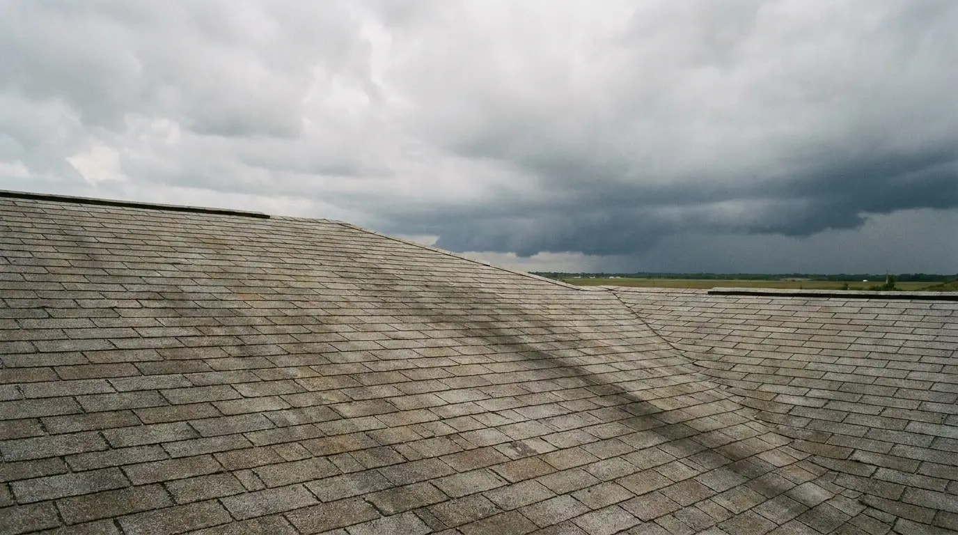 Gray shingle roof beneath overcast sky with looming storm clouds in the distance