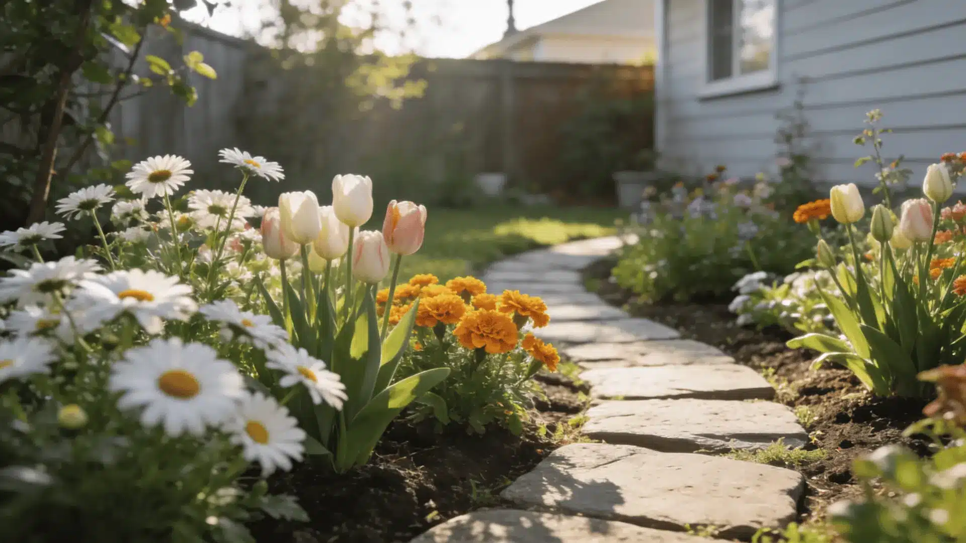 a stone garden path lined with white daisies pale tulips and orange flowers in warm morning sunlight