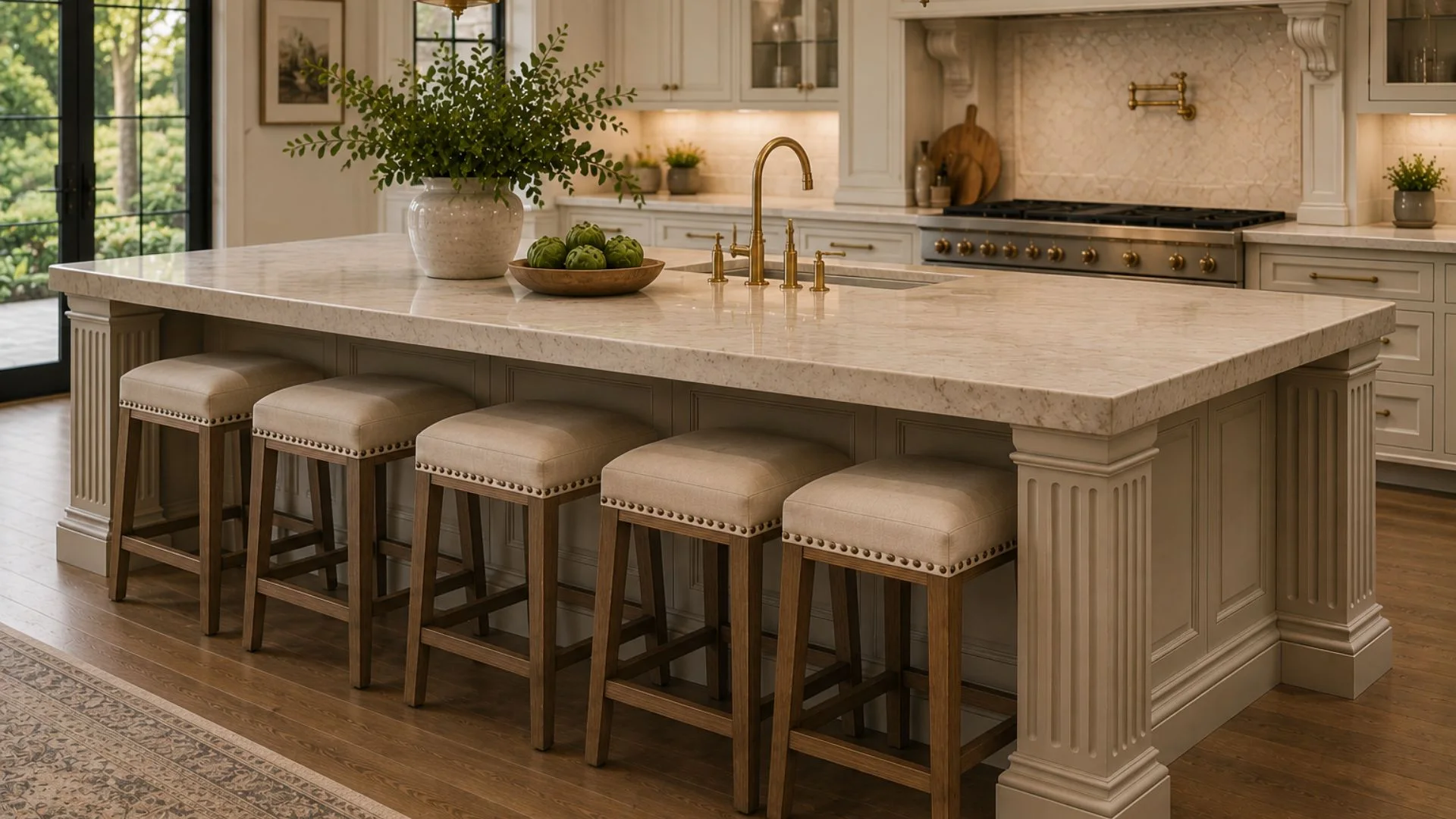 fluted column legs on a cream kitchen island with thick marble countertop and nailhead barstool seating